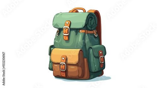 A digital illustration depicting a vintage-style backpack. The backpack is rendered in a painterly style with visible brushstrokes, showcasing a multi-layered design. The color palette consists