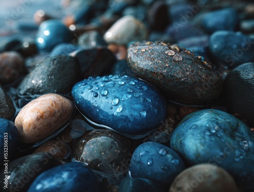 Stones in the water: A detailed close-up presents a collection of polished stones partially submerged in water. The cool blue hues dominate the frame, complemented by droplets of water.