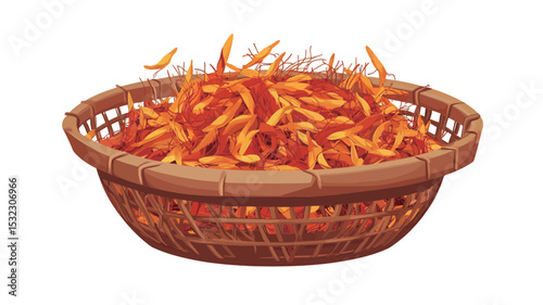 A high-angle, close-up studio shot depicts a shallow, wide brown woven bamboo basket brimming with dried orange flower petals. The petals are a mix of orange and yellow hues, exhibiting a slightly