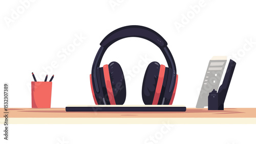 The image showcases a stylized, flat-lay illustration of a workspace setup on a light wood desk.  The focal point is a pair of over-ear headphones with dark grey and red accents resting on top of a