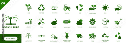 Agriculture icon. Containing farm, field, tractor, agricultural products, harvester, irrigation. Solid vector icons set.