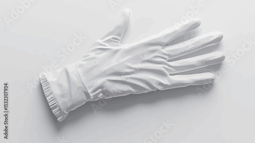 High-angle, close-up studio shot of a single white glove lying flat on a pristine white background. The glove is positioned with the palm facing upward and fingers slightly spread. 
