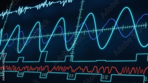 Monitor with sine waves, oscillators and graphs. Science, interface, radar, device screen. Experiment, sine curve, digital, mathematic, physics, HUD, control. 3D animation