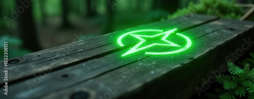 Green star is lit up on a wooden surface. The green color of the star and the wood gives a natural