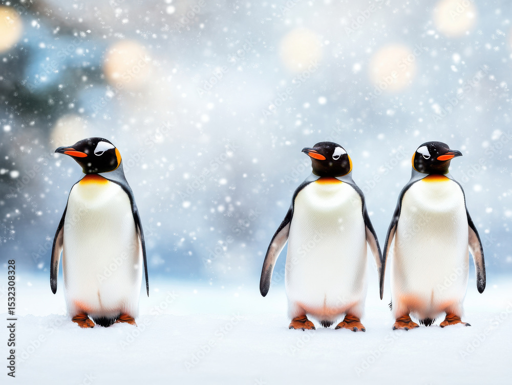 Fototapeta premium Three playful penguin standing snow with falling snowflakes cold winter landscape creating whimsical and joyful atmosphere