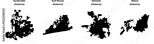 Gardendale, Gulf Shores, Hartselle, Helena outline maps
