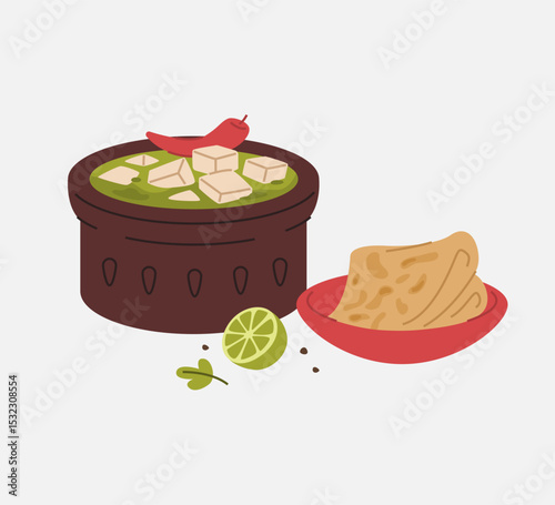 Palak Paneer with Parotta and Lime Illustration