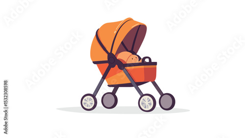 A digital vector illustration depicting a modern orange baby stroller with a baby inside.  The stroller is rendered in a flat design style with clean lines and a simple color palette.