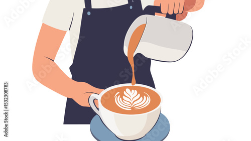 The image is a stylized illustration depicting a barista pouring steamed milk into a cup of coffee, creating latte art. The style is vector-based, characterized by clean lines and flat color