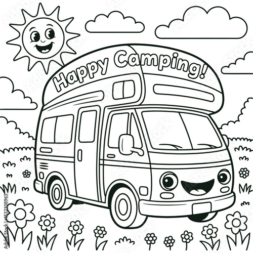 Happy Camping Van Line Art Illustration Fun Camper Coloring Page for Kids

