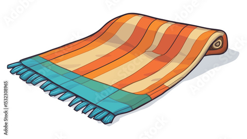 Digital illustration of a rolled-up beach towel. The towel features a repeating pattern of horizontal orange and beige stripes. A teal blue stripe is visible at the bottom edge