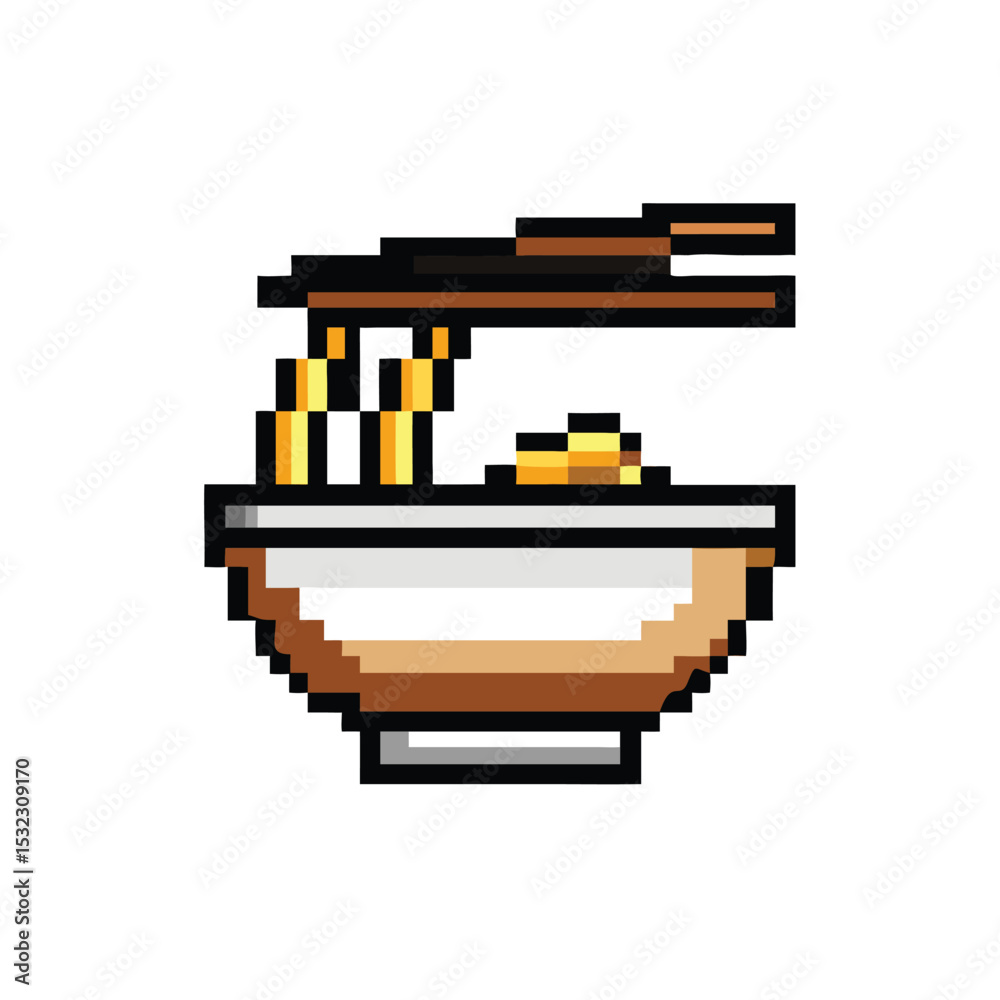 Pixel-art ramen noodles in bowl with chopsticks