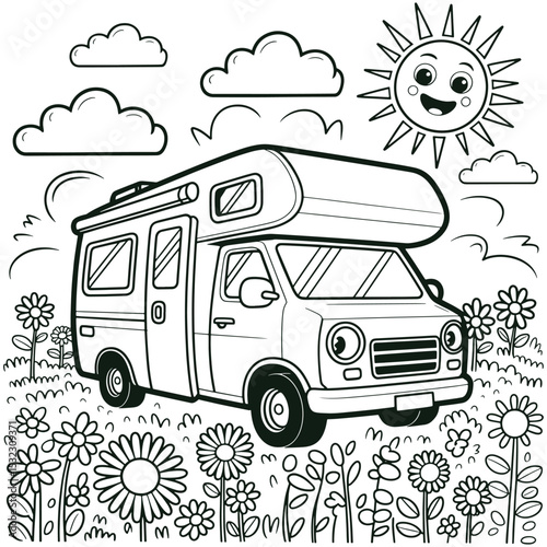 Happy Camping Van Line Art Illustration Fun Camper Coloring Page for Kids


