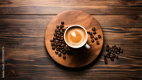 Hot coffee in a glass on a wooden table in the morning, a relaxing calm atmosphere, coffee beans and a shiny brown plate glass