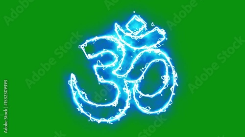 Hindu religion Om symbol with lightning energy sparks on green screen background
