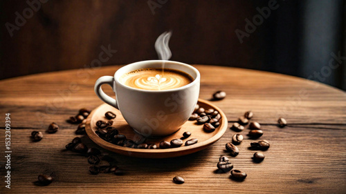 Hot coffee in a glass on a wooden table in the morning, a relaxing calm atmosphere, coffee beans and a shiny brown plate glass