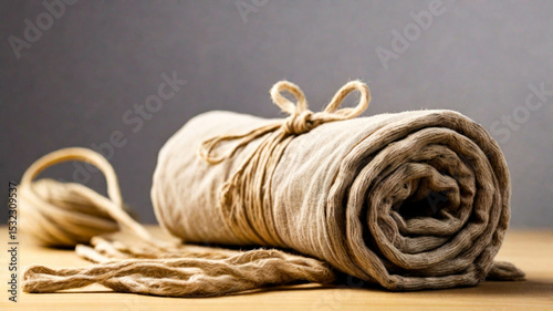 cream colored cloth towels bundle with brown rope on the table, bundle of tied cloth towels, minimalist and cozy