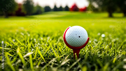 Close up of golf ball on green grass of golf course, morning exercise, White golf