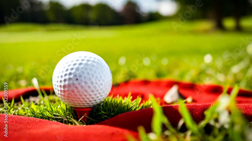 Close up of golf ball on green grass of golf course, morning exercise, White golf