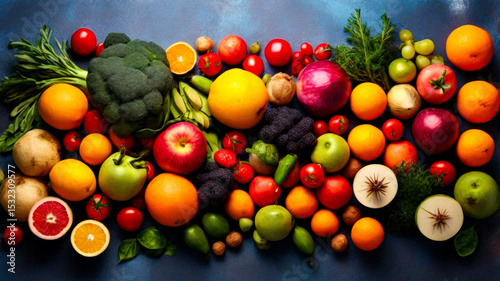 colorful fresh fruits on the table, neatly arranged, fresh vegetables and fruit, copy space, Flat lay angle, top view, healthy food