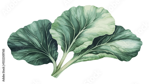 A detailed close-up watercolor illustration showcases three chard leaves against a stark white background. The leaves exhibit a rich spectrum of green hues, transitioning from deep emerald greens
