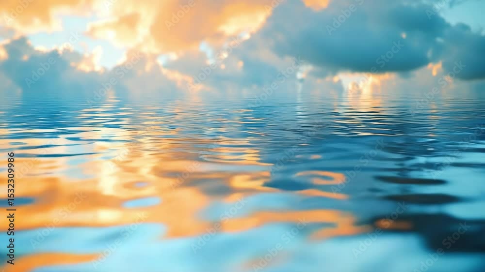 Soft golden sunlight bathes the rippling water under dramatic clouds, reflecting warm and cool tones. A peaceful atmosphere where sky and surface blend in a tranquil, dreamlike scene.