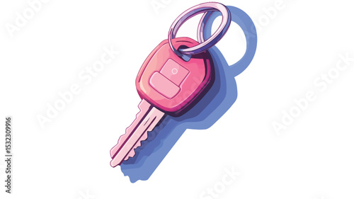 A digitally rendered image depicts a pink car key with a metallic keyring. The key features a simplistic design with a slightly glossy finish, and is positioned at a slight angle against a plain