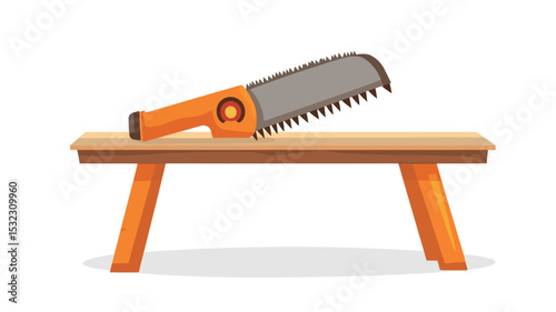 A digital illustration depicts a handheld electric saw resting on a simple, orange wooden workbench against a pure white background.  The saw is predominantly orange with a gray, serrated metal