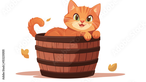 A digital illustration depicting a cartoonish orange tabby kitten nestled inside a brown wooden barrel. The kitten is facing forward, exhibiting a playful expression.  The barrel is depicted with