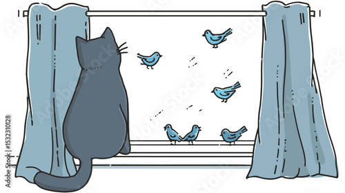 The image is a digital illustration, rendered in a simple, cartoon-like style with a limited color palette predominantly featuring shades of gray and blue.  The composition depicts a gray cat