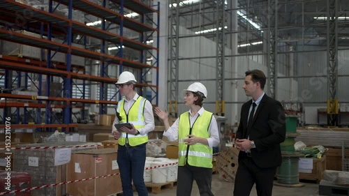 Blue collar workers are working and meeting at warehouse. Industrial and factory.