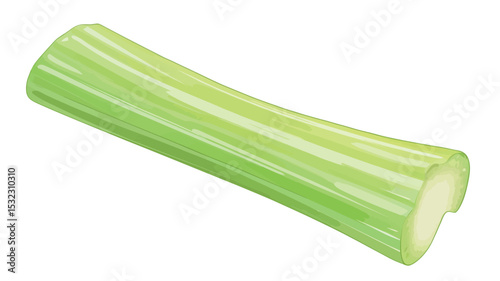 A high-resolution close-up image depicts a single, fresh celery stalk against a stark white background.  The stalk is presented horizontally, showcasing its pale green hue and characteristic ribbed