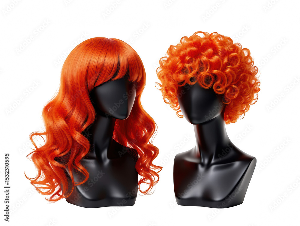 Fototapeta premium Vibrant Orange Wigs A Bold Fashion Statement with Curly and Wavy Styles on Display