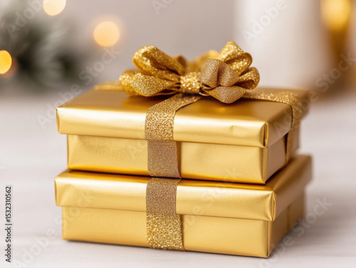 Delicately crafted golden gift boxes tied with sparkling ribbon bow, stacked for festive and elegant celebration moment photo