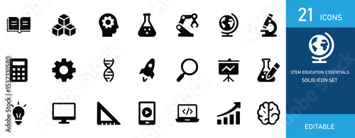 STEM icon set with robotics, coding, DNA, lab, microscope, research, innovation, education, math, technology, and science—perfect for modern learning