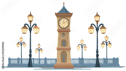 The image is a digital illustration depicting a clock tower situated centrally, flanked on either side by pairs of ornate streetlights.  The style is cartoonish or whimsical, with smooth lines and