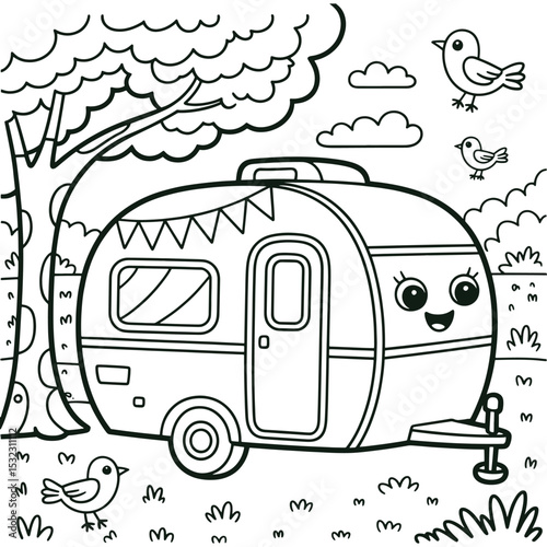 Happy Camping Van Line Art Illustration Fun Camper Coloring Page for Kids

