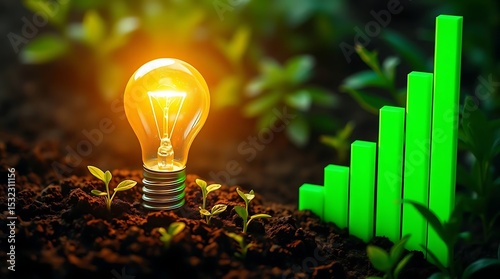 A glowing lightbulb illuminates burgeoning seedlings and a rising green bar graph, symbolizing growth and sustainable energy in rich soil