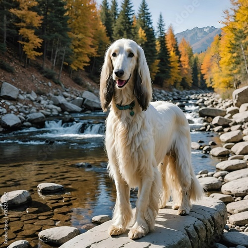 A white regal Afghan hound stands on the stone with beautiful scenery