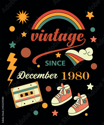 Vector illustration set of retro music and colorful vintage food icons