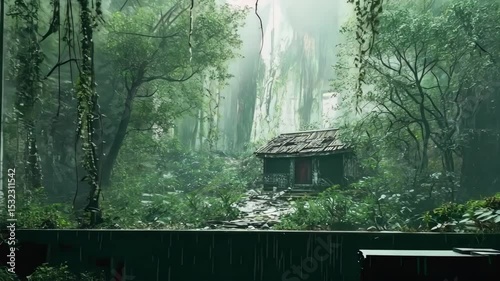 Abandoned computer in overgrown room looks out onto lush forest, nature's takeover