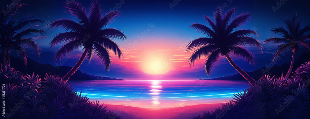 Fototapeta premium Palm trees on the background of tropical sunset on the sea in neon colors, retrowave style, dreamy atmosphere