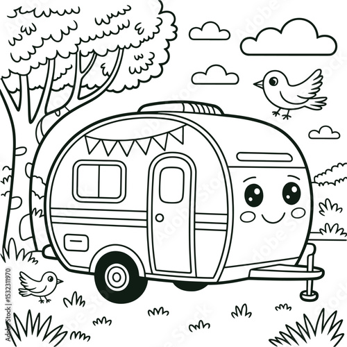 Happy Camping Van Line Art Illustration Fun Camper Coloring Page for Kids

