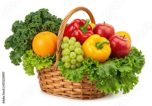Basket filled with fresh fruits and vegetables assortment