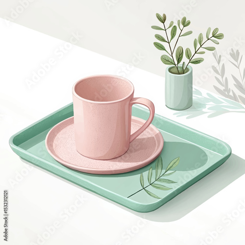 Pastel cup and plate arrangement on a mint tray with a small vase and green leaves decor