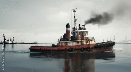 Red and white tugboat emitting smoke in industrial harbor