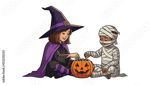 Happy Halloween Illustration: Witch and Mummy Kids Sharing Candy from a Pumpkin