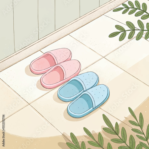 Colorful pink and blue slippers placed on tiled floor with green leaves around
