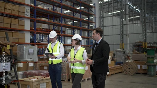 Blue collar workers are working and meeting at warehouse. Industrial and factory.