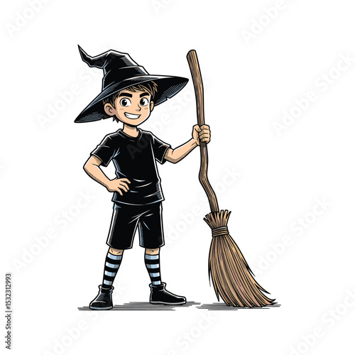 Cute Cartoon Boy Dressed as a Witch Holding a Broom for Halloween Celebrations